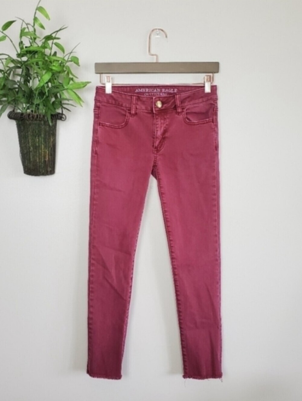 AE 0 American Eagle Jegging Skinny Crop Jeans Frayed Burgundy Super Stretch